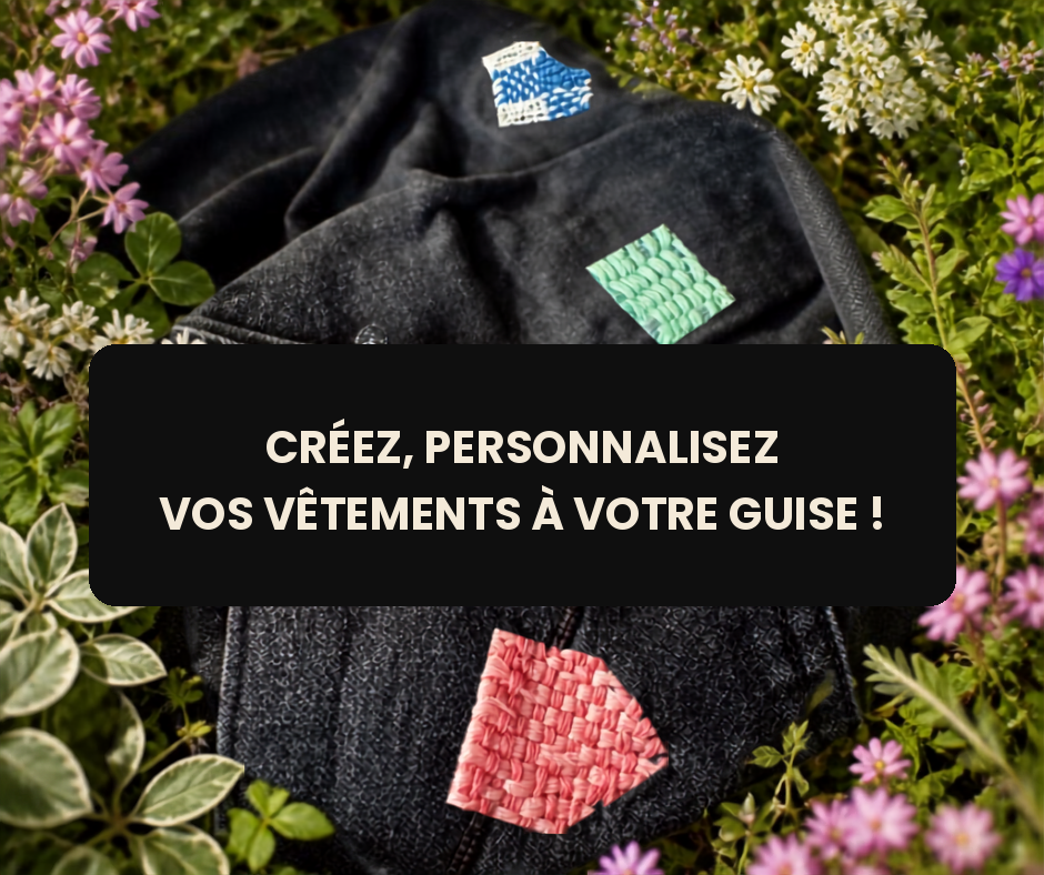 Patches tissés Mayha Créa sur vêtement noir — kit de personnalisation textile artisanal