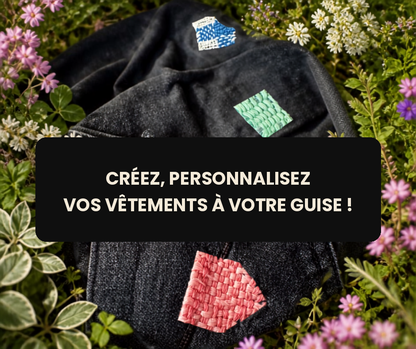 Patches tissés Mayha Créa sur vêtement noir — kit de personnalisation textile artisanal