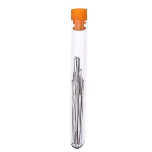 Kit d'aiguilles à grand chas dans un tube en verre avec bouchon orange